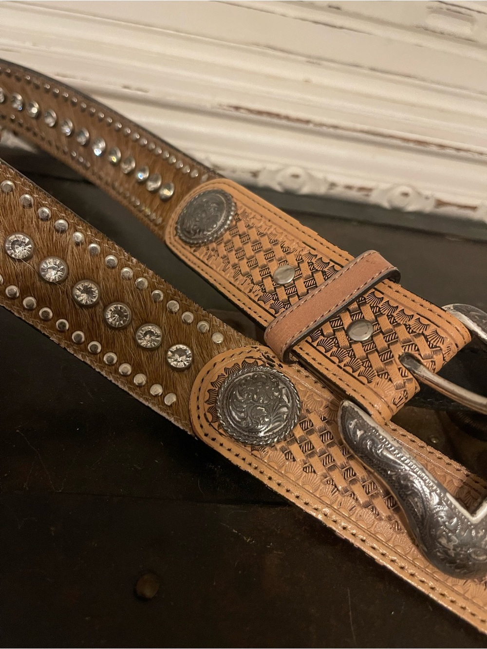 Tan Leather Studded Western Belt Calf Hair with Silver Conchos